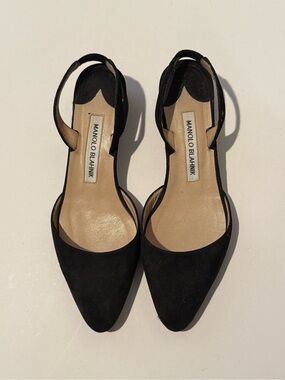 Manolo Blahnik Black Suede Pointed Slingback Heels